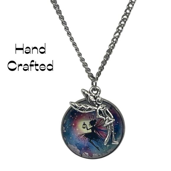 Hand Crafted Blue Black Silver Fairy Pendant Necklace & Earring Set NWT OS - Picture 1 of 6